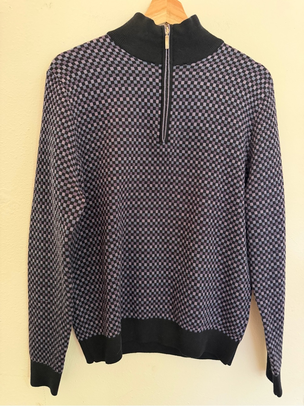 Men's Zip-Neck Checker Knit Sweater in Black & Purple merino wool